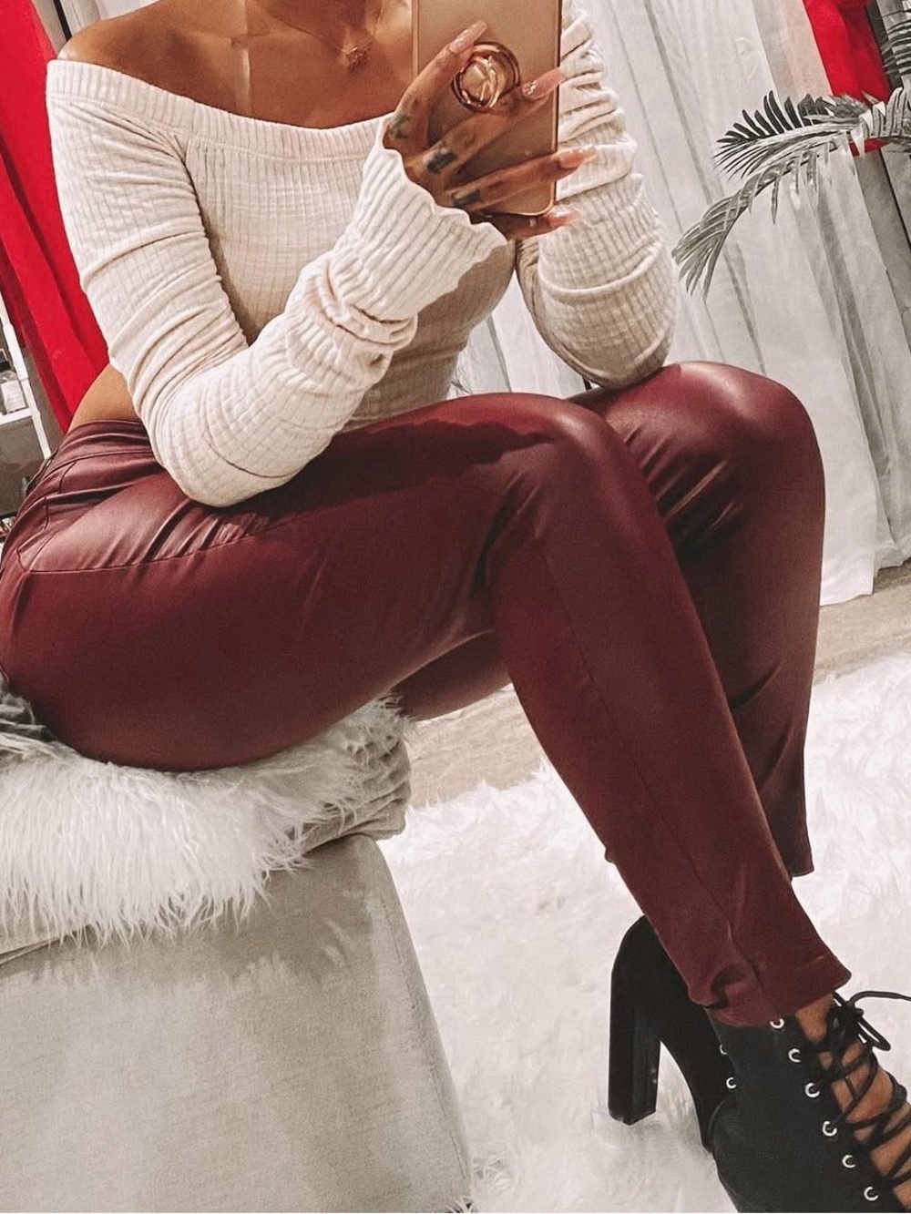Faux leather women’s Pants in Deep Burgundy